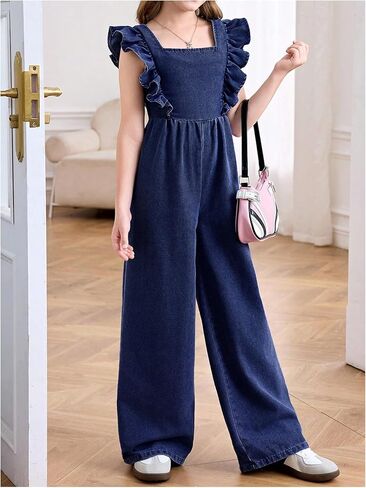 Girls' Bowknot Open Back Denim Jumpsuit Ruffle Sleeveless Square Neck Overall Jeans in Saudi Arabia