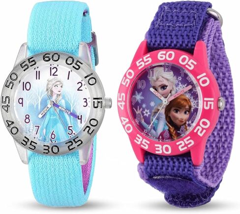 Disney Frozen 2-Pack Watch Set for Kids Ages 4–7 – Featuring Elsa and Anna Snowflake Dial Designs – Pink and Black Bezels with Blue and Purple Nylon Straps – GET 2 Mystery Bonus Watches in Saudi Arabia