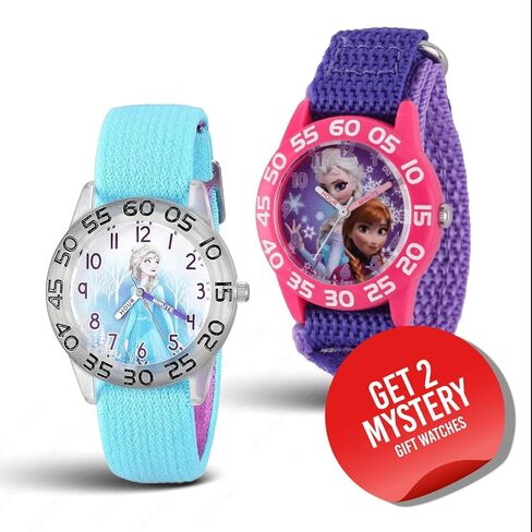 Disney Frozen 2-Pack Watch Set for Kids Ages 4–7 – Featuring Elsa and Anna Snowflake Dial Designs – Pink and Black Bezels with Blue and Purple Nylon Straps – GET 2 Mystery Bonus Watches in Saudi Arabia
