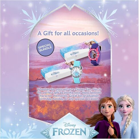 Disney Frozen 2-Pack Watch Set for Kids Ages 4–7 – Featuring Elsa and Anna Snowflake Dial Designs – Pink and Black Bezels with Blue and Purple Nylon Straps – GET 2 Mystery Bonus Watches in Saudi Arabia