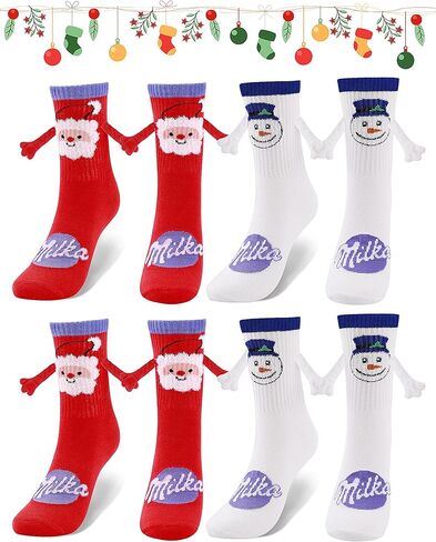 4 Pairs Christmas Funny Holding Hands Socks, Cute Magnetic Hand Holding Socks for Women Men, Crazy Holiday Socks Xmas Gifts with Christmas Print, Silly Novelty Socks for Couple, Family, Friends in Kuwait