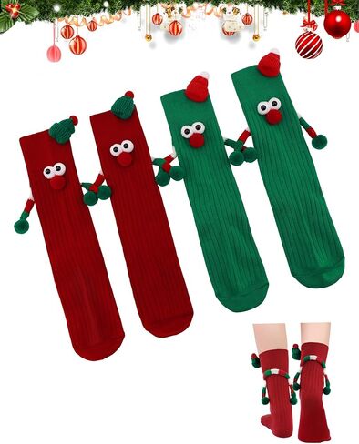 4 Pairs Christmas Funny Holding Hands Socks, Cute Magnetic Hand Holding Socks for Women Men, Crazy Holiday Socks Xmas Gifts with Christmas Print, Silly Novelty Socks for Couple, Family, Friends in Kuwait