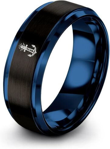 خاتم مرساة المنارة - هدية لمحبي البحرية - الذهب الأصفر والأسود والفضي والأزرق - قبة مسطحة مشطوفة - للرجال والنساء - مصقول مصقول - ذكرى الزفاف - التنغستن - 8 مم - حزام - مهندس مخصص شخصي in Kuwait