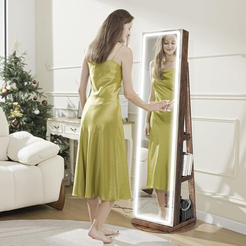 LED Mirror Jewelry Cabinet Standing, Swivel Jewelry Armoire with Full Length LED Mirror and Adjustable Lights, Lockable Jewelry Storage Organizer, Brown in Saudi Arabia
