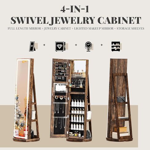 LED Mirror Jewelry Cabinet Standing, Swivel Jewelry Armoire with Full Length LED Mirror and Adjustable Lights, Lockable Jewelry Storage Organizer, Brown in Saudi Arabia