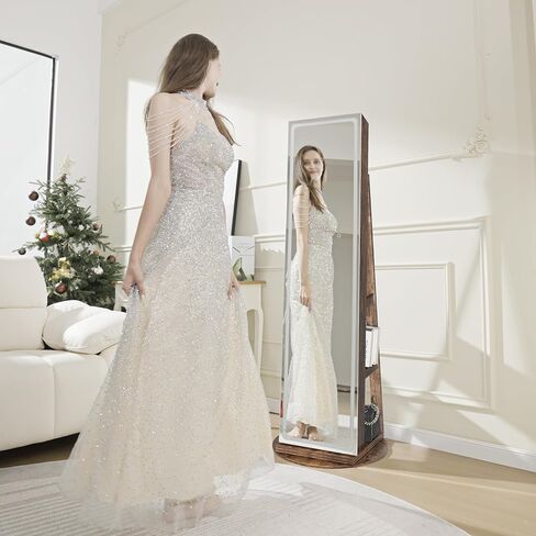 LED Mirror Jewelry Cabinet Standing, Swivel Jewelry Armoire with Full Length LED Mirror and Adjustable Lights, Lockable Jewelry Storage Organizer, Brown in Saudi Arabia
