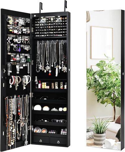 مرآة NAFORT 2 LED كاملة الطول مع خزانة مجوهرات ومنظمات مجوهرات وتخزين مع خيارين للتركيب، خزانة مجوهرات بارتفاع 47.5 بوصة مع درجين، صندوق مجوهرات قابل للقفل والمكياج، بني ريفي in Kuwait