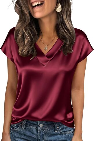Zeagoo Women Silk Satin Tops Cap Short Sleeve Blouse V Neck Shirts Business Casual Outfits S-2XL in Saudi Arabia