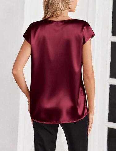Zeagoo Women Silk Satin Tops Cap Short Sleeve Blouse V Neck Shirts Business Casual Outfits S-2XL in Saudi Arabia