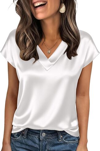 Zeagoo Women Silk Satin Tops Cap Short Sleeve Blouse V Neck Shirts Business Casual Outfits S-2XL in Saudi Arabia