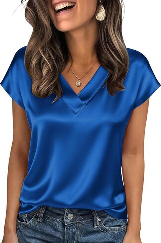 Zeagoo Women Silk Satin Tops Cap Short Sleeve Blouse V Neck Shirts Business Casual Outfits S-2XL in Saudi Arabia