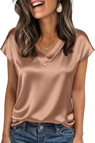 Zeagoo Women Silk Satin Tops Cap Short Sleeve Blouse V Neck Shirts Business Casual Outfits S-2XL in Saudi Arabia