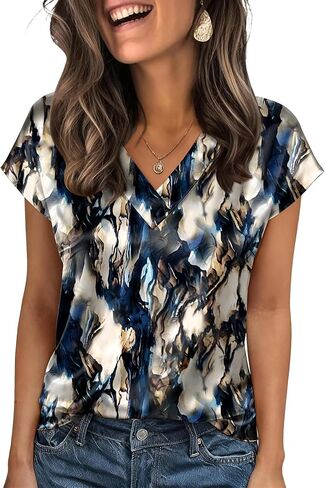 Zeagoo Women Silk Satin Tops Cap Short Sleeve Blouse V Neck Shirts Business Casual Outfits S-2XL in Saudi Arabia