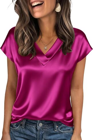 Zeagoo Women Silk Satin Tops Cap Short Sleeve Blouse V Neck Shirts Business Casual Outfits S-2XL in Saudi Arabia