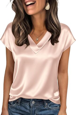 Zeagoo Women Silk Satin Tops Cap Short Sleeve Blouse V Neck Shirts Business Casual Outfits S-2XL in Saudi Arabia