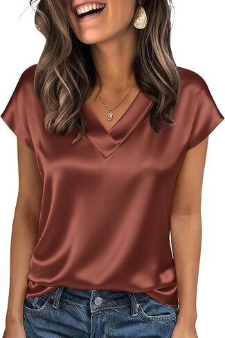 Zeagoo Women Silk Satin Tops Cap Short Sleeve Blouse V Neck Shirts Business Casual Outfits S-2XL in Saudi Arabia