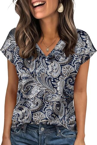 Zeagoo Women Silk Satin Tops Cap Short Sleeve Blouse V Neck Shirts Business Casual Outfits S-2XL in Saudi Arabia