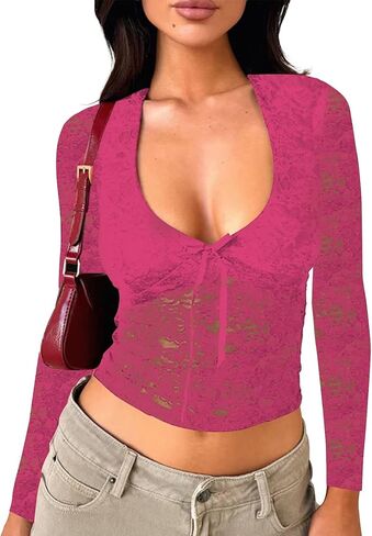 Women's Lace Long Sleeve Shirt Low Cut Y2K Slim Fit Top Bow Sexy Going Out Club Concert Clothes in Saudi Arabia