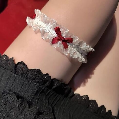 Garter for Bride, White Lace with Red Bows for Wedding Bridal Accessories, Adjustable Elastic Garters for Women, 2PCS in Saudi Arabia