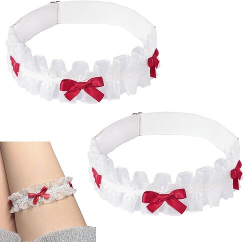 Garter for Bride, White Lace with Red Bows for Wedding Bridal Accessories, Adjustable Elastic Garters for Women, 2PCS in Saudi Arabia