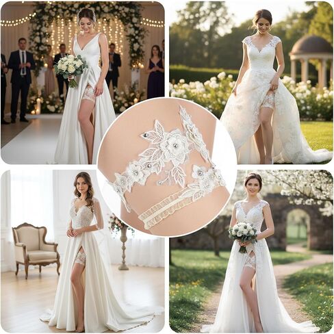 مجموعة رباط الساق من الدانتيل، قطعتان من أربطة الزفاف للعروس، رباط أرجل مرن من التول للنساء لحفلات التخرج in Kuwait