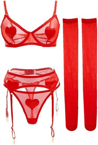 Kaei&Shi Sexy Valentines Lingerie,4 Piece Sheer Mesh Heart Lingeries,Garter Belt and Thigh Highs Set Vday Boudoir Honeymoon in Saudi Arabia