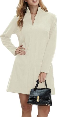 Women Corduroy Dress V Neck Long Sleeve Casual Vintage Retro A Line Mini Dresses in Saudi Arabia