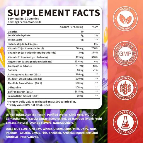 Saffron Gummies for Adult Kids, 10-IN-1 Saffron Supplements with Saffron Extract 88.5 mg, Vitamin D3, B6, B12, L-Theanine, St. John's Wort, Ashwagandha for Mood, Focus, Calm, Melatonin-Free, 120 Count in Saudi Arabia