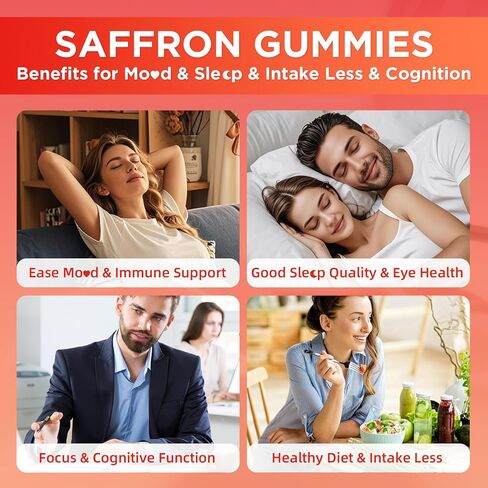 Saffron Gummies for Adult Kids, 10-IN-1 Saffron Supplements with Saffron Extract 88.5 mg, Vitamin D3, B6, B12, L-Theanine, St. John's Wort, Ashwagandha for Mood, Focus, Calm, Melatonin-Free, 120 Count in Saudi Arabia