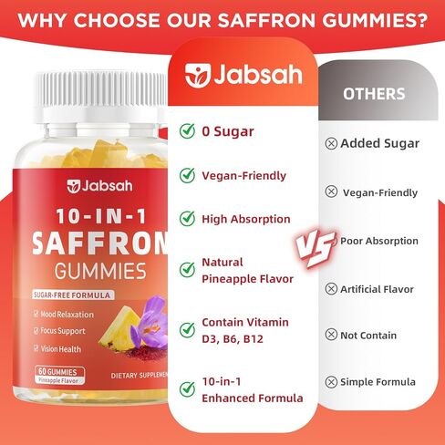 Saffron Gummies for Adult Kids, 10-IN-1 Saffron Supplements with Saffron Extract 88.5 mg, Vitamin D3, B6, B12, L-Theanine, St. John's Wort, Ashwagandha for Mood, Focus, Calm, Melatonin-Free, 120 Count in Saudi Arabia