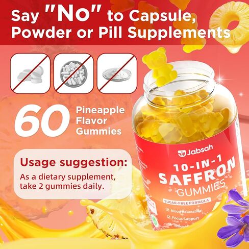 Saffron Gummies for Adult Kids, 10-IN-1 Saffron Supplements with Saffron Extract 88.5 mg, Vitamin D3, B6, B12, L-Theanine, St. John's Wort, Ashwagandha for Mood, Focus, Calm, Melatonin-Free, 120 Count in Saudi Arabia
