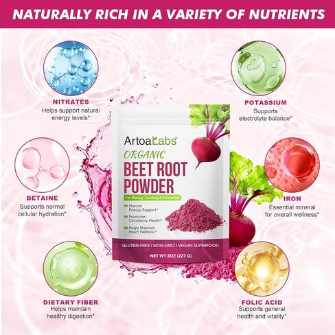مسحوق جذر الشمندر للرجال والنساء، مزيج مشروب مسحوق مكملات الشمندر للعصائر والخبز والعصير - دعم الطاقة الطبيعية، نباتي، خالي من الغلوتين، غير معدل وراثيًا (1) in Kuwait