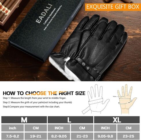 قفازات Eadali للرجال من جلد الغنم الأصلي مع بطانة من فراء الأرنب، شاشة لمس كاملة الإصبع، الطقس البارد وصندوق هدايا فاخر in Kuwait