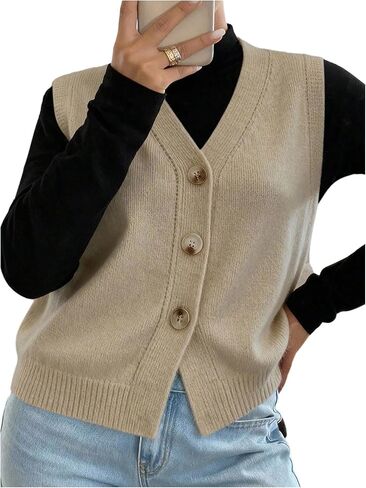 سترة نسائية سترة متماسكة بأزرار سفلية ورقبة على شكل حرف V بلايز بلا أكمام ملابس الخريف in Kuwait