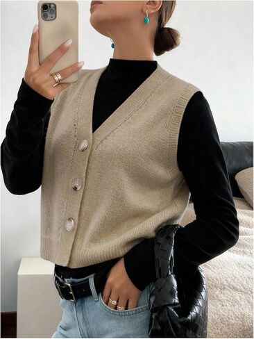 Women's Sweater Vest Button Down Knit Vest V Neck Sleeveless Tops Fall Outfits in Saudi Arabia