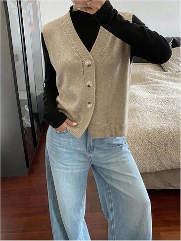 Women's Sweater Vest Button Down Knit Vest V Neck Sleeveless Tops Fall Outfits in Saudi Arabia