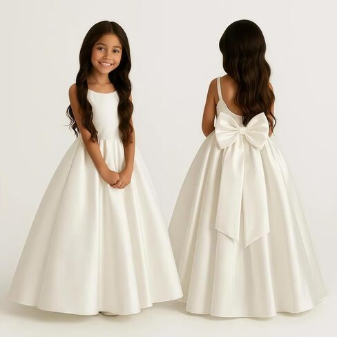 Satin Flower Girl Dress with Big Bow Elegant Sleeveless A-Line Ball Gowns Formal Communion Wedding Party Dresses in Saudi Arabia