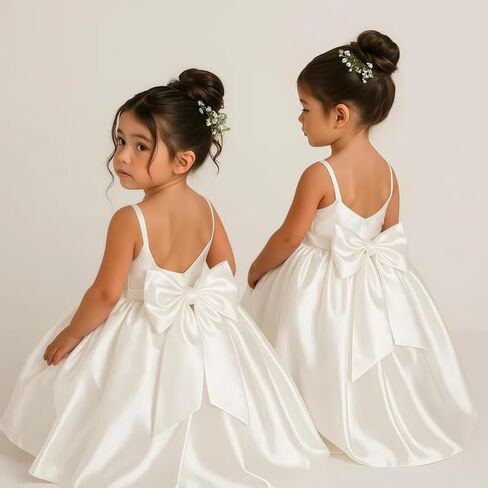 Satin Flower Girl Dress with Big Bow Elegant Sleeveless A-Line Ball Gowns Formal Communion Wedding Party Dresses in Saudi Arabia