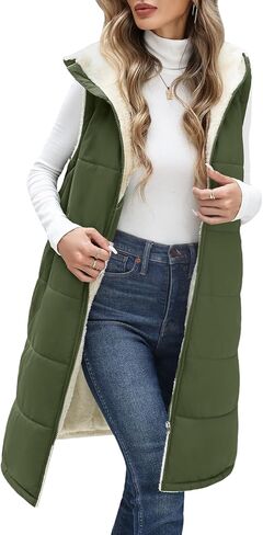 Womens Fall Long Vest - Sleeveless Fleece Lined Coats Sherpa Quilted Puffer Jackets with Hood Zip Warm Winter Outwear in Saudi Arabia