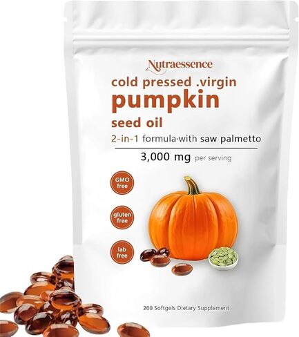 Nutra essence Pumpkin Seed Oil with Saw Palmetto,200 Softgels | Cold Pressed, Pure Virgin Oil, Essential Fatty Acids & Phytosterols | Supports Hair, Urinary, Bladder & Prostate Health | Non-GMO (1pc) in Saudi Arabia