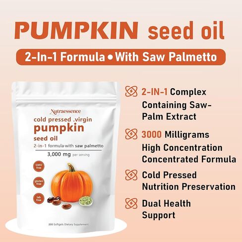 Nutra essence Pumpkin Seed Oil with Saw Palmetto,200 Softgels | Cold Pressed, Pure Virgin Oil, Essential Fatty Acids & Phytosterols | Supports Hair, Urinary, Bladder & Prostate Health | Non-GMO (1pc) in Saudi Arabia