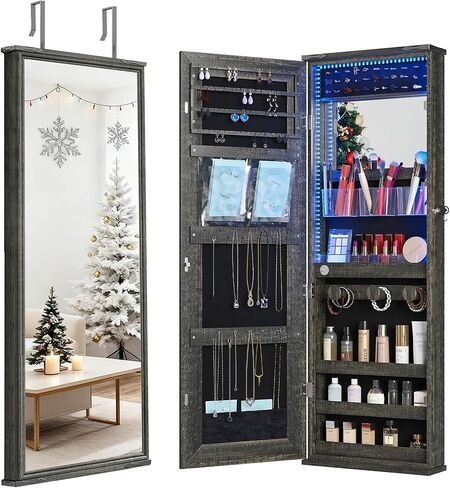 Over the Door Jewelry Organizer, 12 Hollywood Bulbs Hanging Jewelry Armoire with Full Length Mirror, 43.5" Lockable Large Storage Jewelry Cabinet for Girls/Women, (Wood grain white) in Kuwait