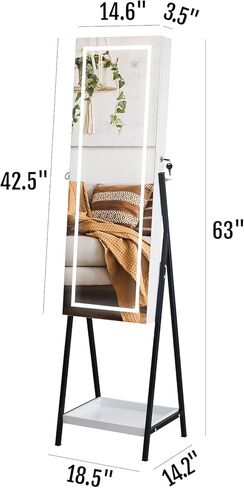 Karl home 3 Color LEDs Freestanding Jewelry Cabinet with Full-Screen Mirror, Lockable Jewelry Storage Box with Shelf, Large Jewelry Organizers & Storage for Earrings Rings Necklace Cosmetic in Saudi Arabia