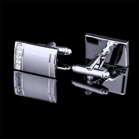 Rockyu Men's Cufflinks Silver with Crystal Accents Rectangular Stainless Steel Formal Business Wedding in Kuwait