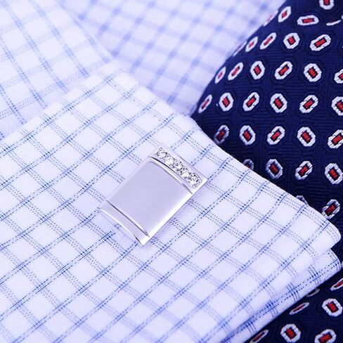 Rockyu Men's Cufflinks Silver with Crystal Accents Rectangular Stainless Steel Formal Business Wedding in Kuwait