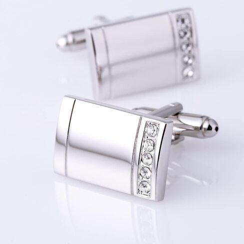 Rockyu Men's Cufflinks Silver with Crystal Accents Rectangular Stainless Steel Formal Business Wedding in Kuwait