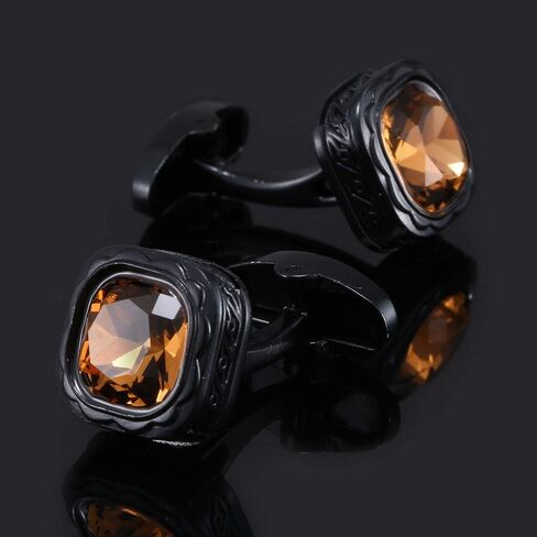 أزرار أكمام للرجال من Rockyu باللون الأسود مع كريستال كهرماني مربع الشكل لحفلات الزفاف من الفولاذ المقاوم للصدأ in Kuwait