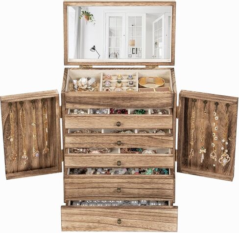 Emfogo Wooden Jewelry Box for Women, 6-Tier Large Jewelry Organizer Boxes with Mirror Rustic Solid Wood jewlery Storage Display for Rings Earrings Necklaces Bracelets watches(Carbonized Black) in Saudi Arabia