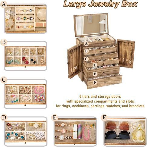 Emfogo Wooden Jewelry Box for Women, 6-Tier Large Jewelry Organizer Boxes with Mirror Rustic Solid Wood jewlery Storage Display for Rings Earrings Necklaces Bracelets watches(Carbonized Black) in Saudi Arabia