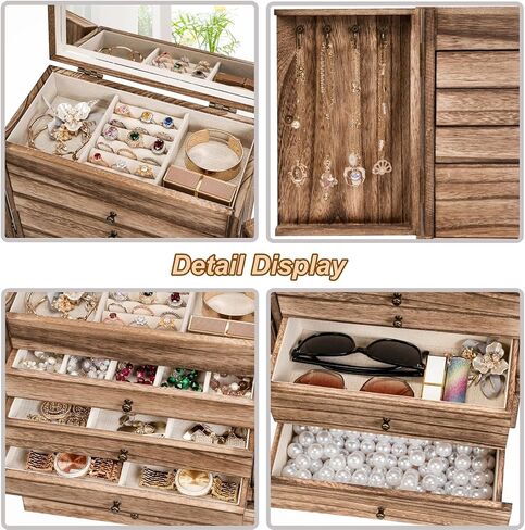 Emfogo Wooden Jewelry Box for Women, 6-Tier Large Jewelry Organizer Boxes with Mirror Rustic Solid Wood jewlery Storage Display for Rings Earrings Necklaces Bracelets watches(Carbonized Black) in Saudi Arabia